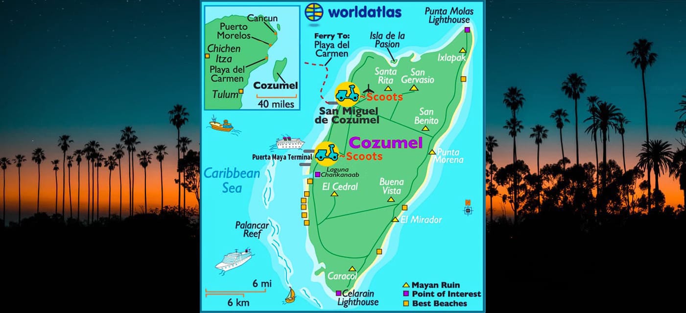 map of cozumel surrounded by silhouettes of palms and a sunset