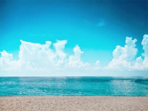 sand, turquoise water, blue sky, fluffy clouds