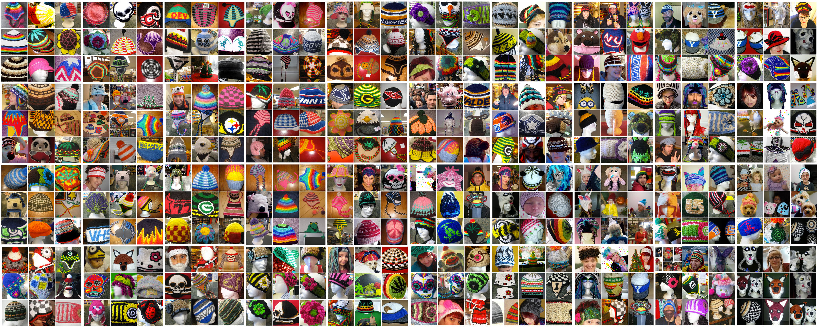 A collage of about 360 crocheted hats