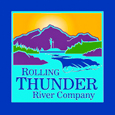 Rolling Thunder River Company logo with purple mountains, golden sky, greenery, and a blue river