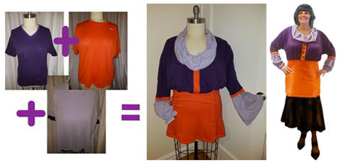 A diagram of 3 men's t-shirts, one purple/black striped, 
          one orange and one lavender, made into one ladies blouse and being modelled by me.